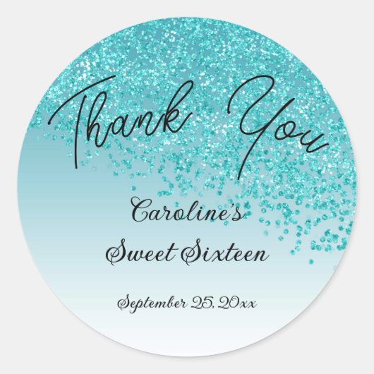 スウィート16サンキューフォールディングティール（緑がかった色）ブルーグリッター ラウンドシール (正面)