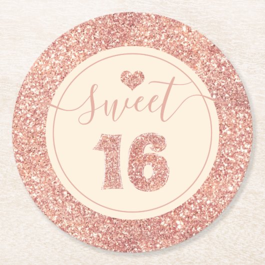 スウィート16サーモンピンクフェイクグリッター誕生日パーティー ラウンドペーパーコースター (正面)