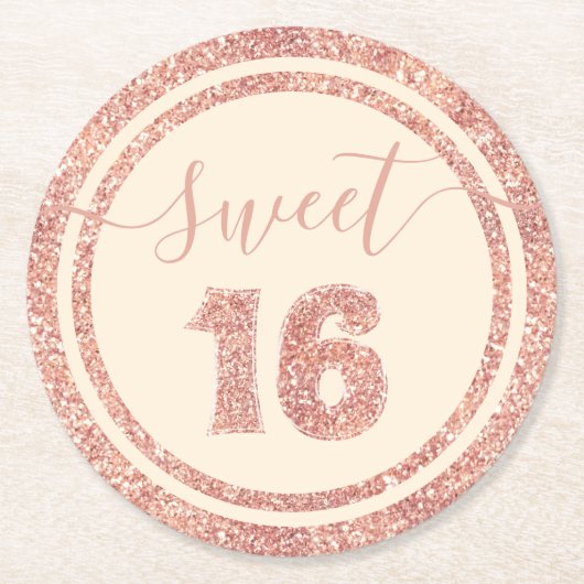 スウィート16サーモンフェイクグリッターストライプ誕生日パーティー ラウンドペーパーコースター (正面)
