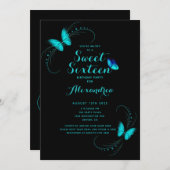 スウィート16シックスブルーバタフライ誕生日 招待状 (正面/裏面)