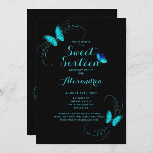 スウィート16シックスブルーバタフライ誕生日 招待状 (正面/裏面)