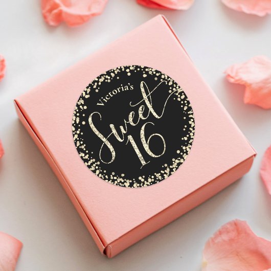 スウィート16シックブラック金ゴールドグリッター紙吹雪誕生日 ラウンドシール