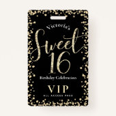 スウィート16シックブラック金ゴールドグリッター誕生日VIPパス バッジ (正面)
