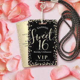 スウィート16シックブラック金ゴールドグリッター誕生日VIPパス バッジ