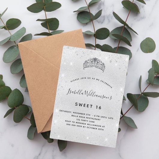 スウィート16シルバーグリッターティアラクラウンスパークル 招待状