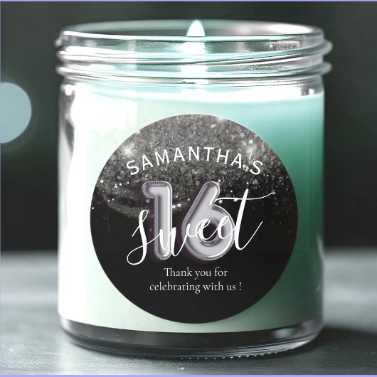 スウィート16シルバーグリッターブラック&バルーンナンバー ラウンドシール