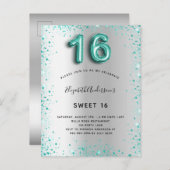 スウィート16シルバーティール(緑がかった色)グリッターエレガント招待 ポストカード (正面/裏面)