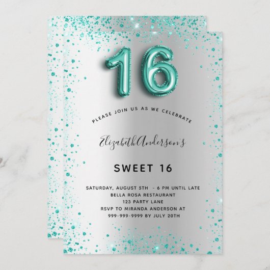 スウィート16シルバーティール（緑がかった色）グリッターグラマエレガントラス 招待状 (正面/裏面)