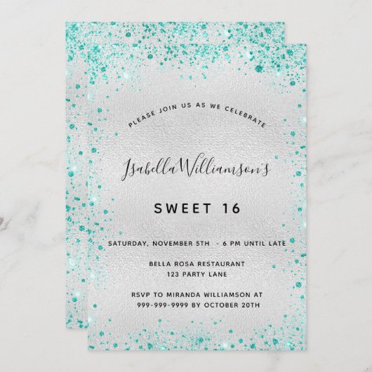 スウィート16シルバーティール(緑がかった色)グリッター 招待状 (正面/裏面)