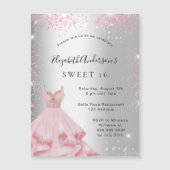 スウィート16シルバーピンクのドレスグリッター贅沢 マグネット招待状 (正面)