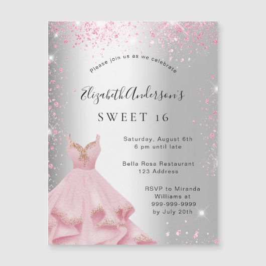 スウィート16シルバーピンクのドレスグリッター贅沢 マグネット招待状 (正面)