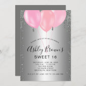スウィート16シルバーピンクグリッターバルーン招待状 招待状 (正面/裏面)