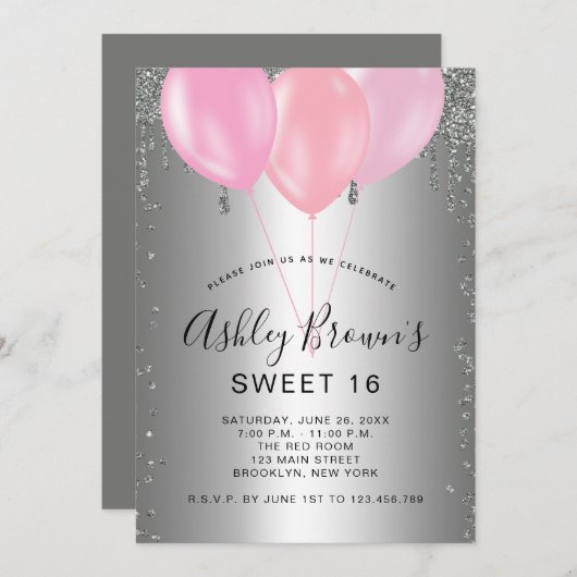 スウィート16シルバーピンクグリッターバルーン招待状 招待状 (正面/裏面)