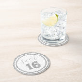 スウィート16シルバーフェイクグリッターストライプバースデーパーティー ラウンドペーパーコースター (インサイチュ)