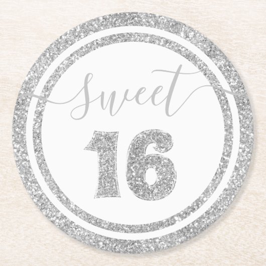 スウィート16シルバーフェイクグリッターストライプバースデーパーティー ラウンドペーパーコースター (正面)