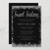 スウィート16シルバーブラックフェイクグリッター誕生日 招待状 (正面/裏面)