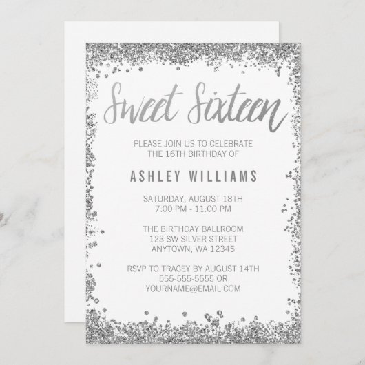 スウィート16シルバーホワイトフェイクグリッター誕生日 招待状 (正面/裏面)