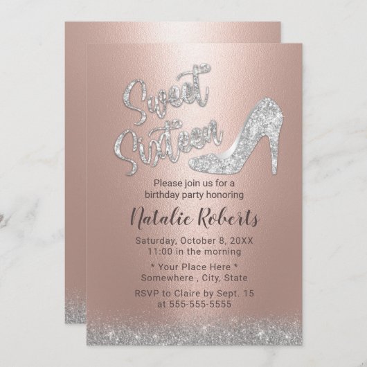 スウィート16シルバー&バラ金ゴールドグリッターガール誕生日 招待状 (正面/裏面)