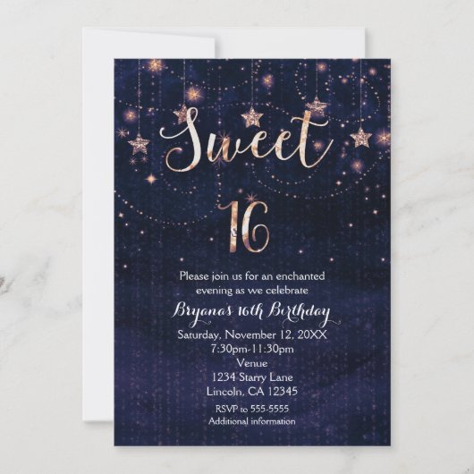 スウィート16スターリーナイトパープル&金ゴールド招待状 招待状 (正面)