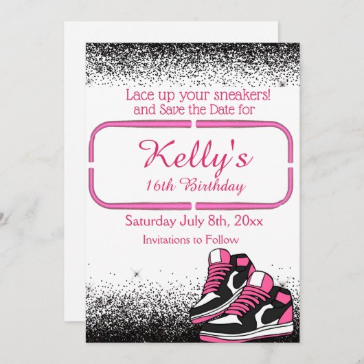 スウィート16スニーカー誕生日グリッター セーブザデート (正面/裏面)
