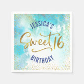 スウィート16ターコイズ水彩金ゴールドガーリー誕生日 スタンダードカクテルナプキン (正面)