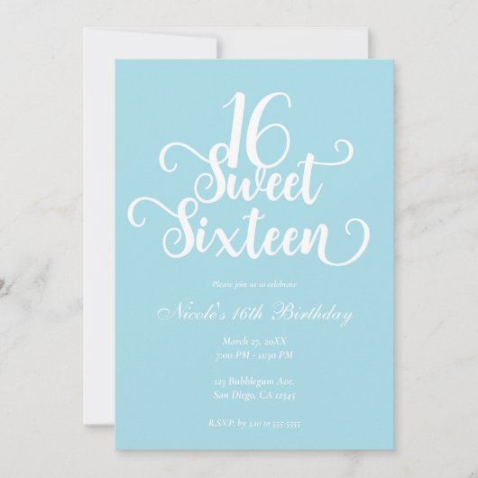 スウィート16ターコイズ&ホワイトシック誕生日パーティー 招待状 (正面)