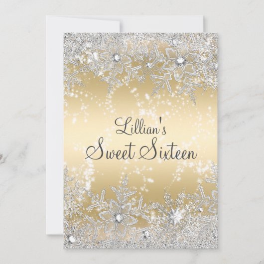 スウィート16ダイヤモンドスノーフレーク金ゴールドウィンターワンダーランド 招待状 (正面)