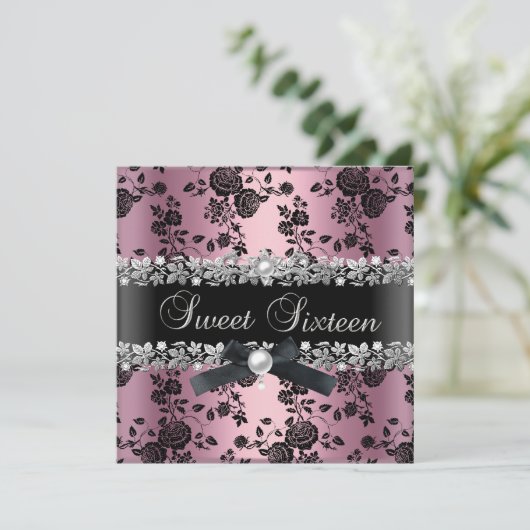 スウィート16ダマスクピンクブラックシルバーフローラ 招待状 (スタンド正面)