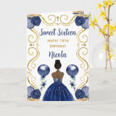 スウィート16ダークスキンプリンセスネイビーハッピーバースデー カード (黄色い花)