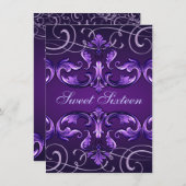 スウィート16ダークパープルダマスク&ティアラ誕生日招待状 招待状 (正面/裏面)