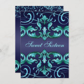 スウィート16ダークブルーダマスク&ティアラ誕生日招待状 招待状 (正面/裏面)