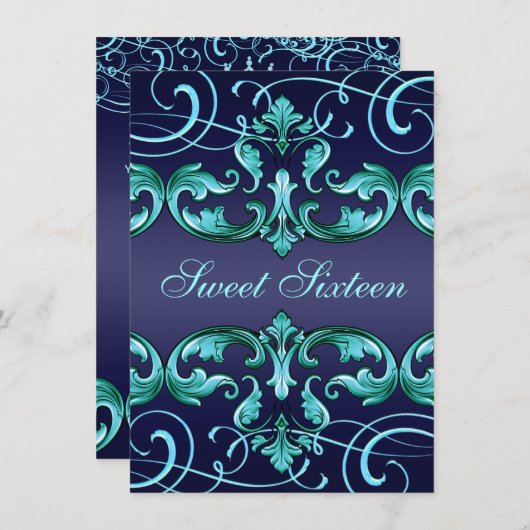 スウィート16ダークブルーダマスク&ティアラ誕生日招待状 招待状 (正面/裏面)