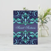 スウィート16ダークブルーダマスク&ティアラ誕生日招待状 招待状 (スタンド正面)