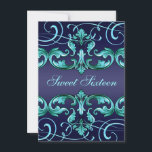 スウィート16ダークブルーダマスク&ティアラ誕生日招待状 招待状<br><div class="desc">スウィートエレガント16ダークブルーダマスク&ティアラ誕生日招待状</div>