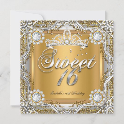 スウィート16ティアラ金ゴールドシルバーダイヤモンドバースデーパーティー 招待状 (正面)