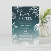 スウィート16ティール（緑がかった色）グラデーションビーチヒトデ&シーシェル 招待状 (スタンド正面)