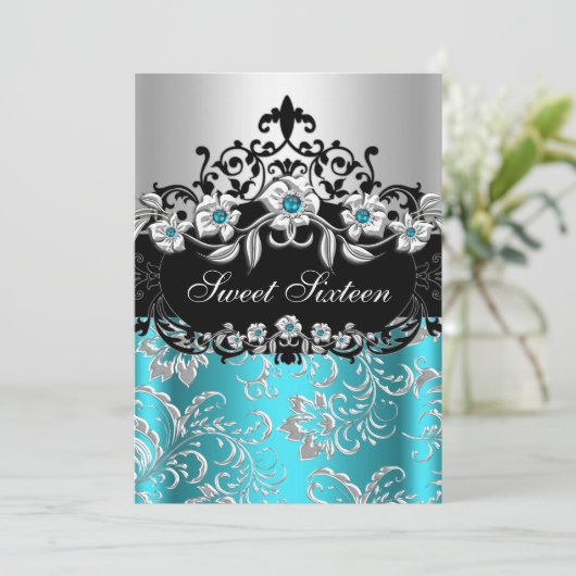 スウィート16ティール(緑がかった色)シルバーブラックフローラジュエルパーティー 招待状 (スタンド正面)