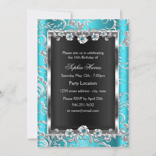 スウィート16ティール（緑がかった色）シルバーブラックフローラジュエルパーティー 招待状 (裏面)