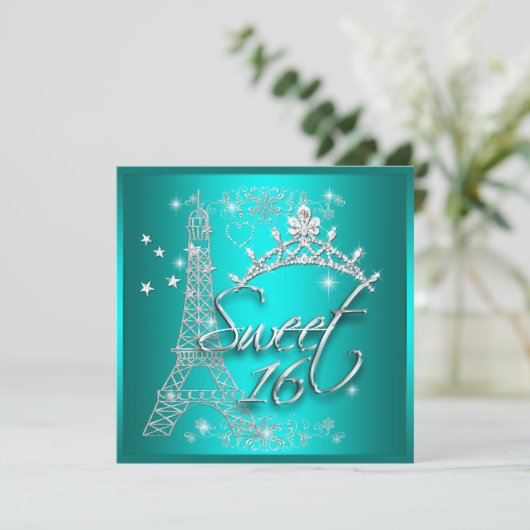 スウィート16ティール（緑がかった色）ティアラエッフェルタワー 招待状 (スタンド正面)