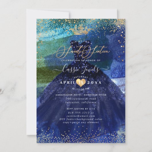 スウィート16ティール（緑がかった色）ネイビーブルーウォーターカラーガウン 招待状 (裏面)