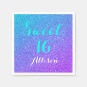 スウィート16ティール（緑がかった色）パープルグラデーショングリッタースパークル スタンダードカクテルナプキン (正面)