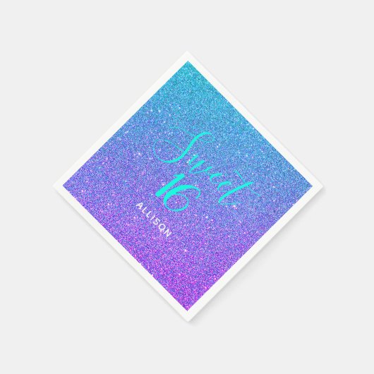 スウィート16ティール（緑がかった色）パープルグラデーショングリッターパーソナライズされた スタンダードカクテルナプキン (角)