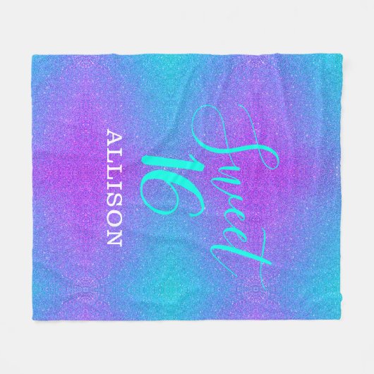 スウィート16ティール（緑がかった色）パープルグリッターガールズパーソナライズされた フリースブランケット (正面(横))