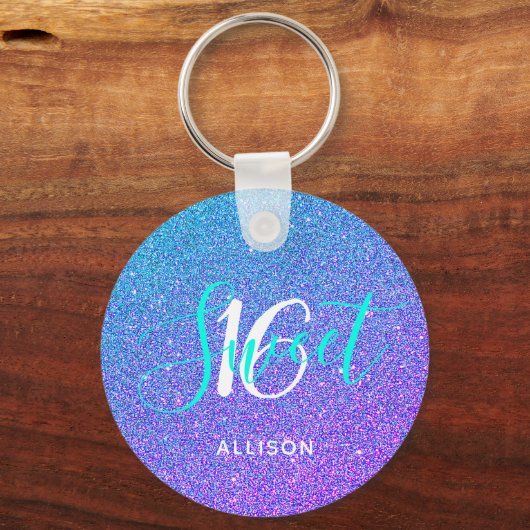 スウィート16ティール（緑がかった色）パープルグリッターグラデーション パーソナライズされた キーホルダー (正面)