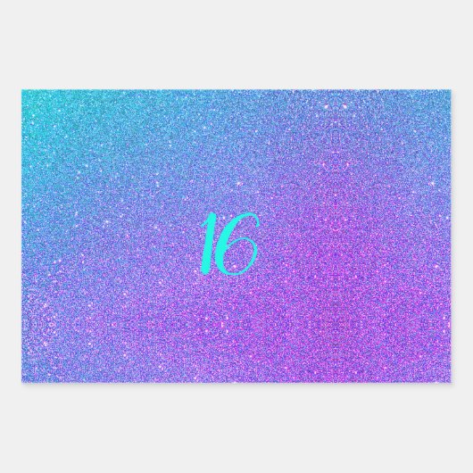 スウィート16ティール（緑がかった色）パープルグリッターグラムガール誕生日 ラッピングペーパーシート (正面3)