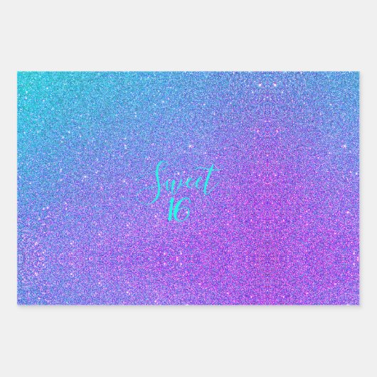 スウィート16ティール（緑がかった色）パープルグリッターグラムガール誕生日 ラッピングペーパーシート (正面2)