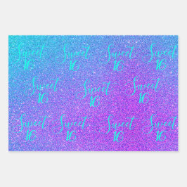 スウィート16ティール(緑がかった色)パープルグリッターグラムガール誕生日 ラッピングペーパーシート