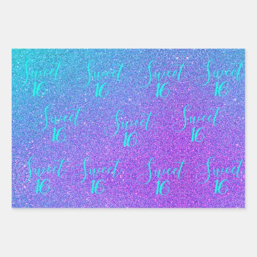 スウィート16ティール（緑がかった色）パープルグリッターグラムガール誕生日 ラッピングペーパーシート (正面)
