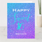 スウィート16ティール（緑がかった色）パープルグリッター誕生日 パーソナライズされた カード (正面)