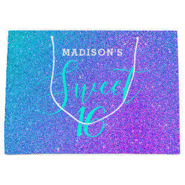 スウィート16ティール（緑がかった色）パープルグリッター パーソナライズされた ラージペーパーバッグ